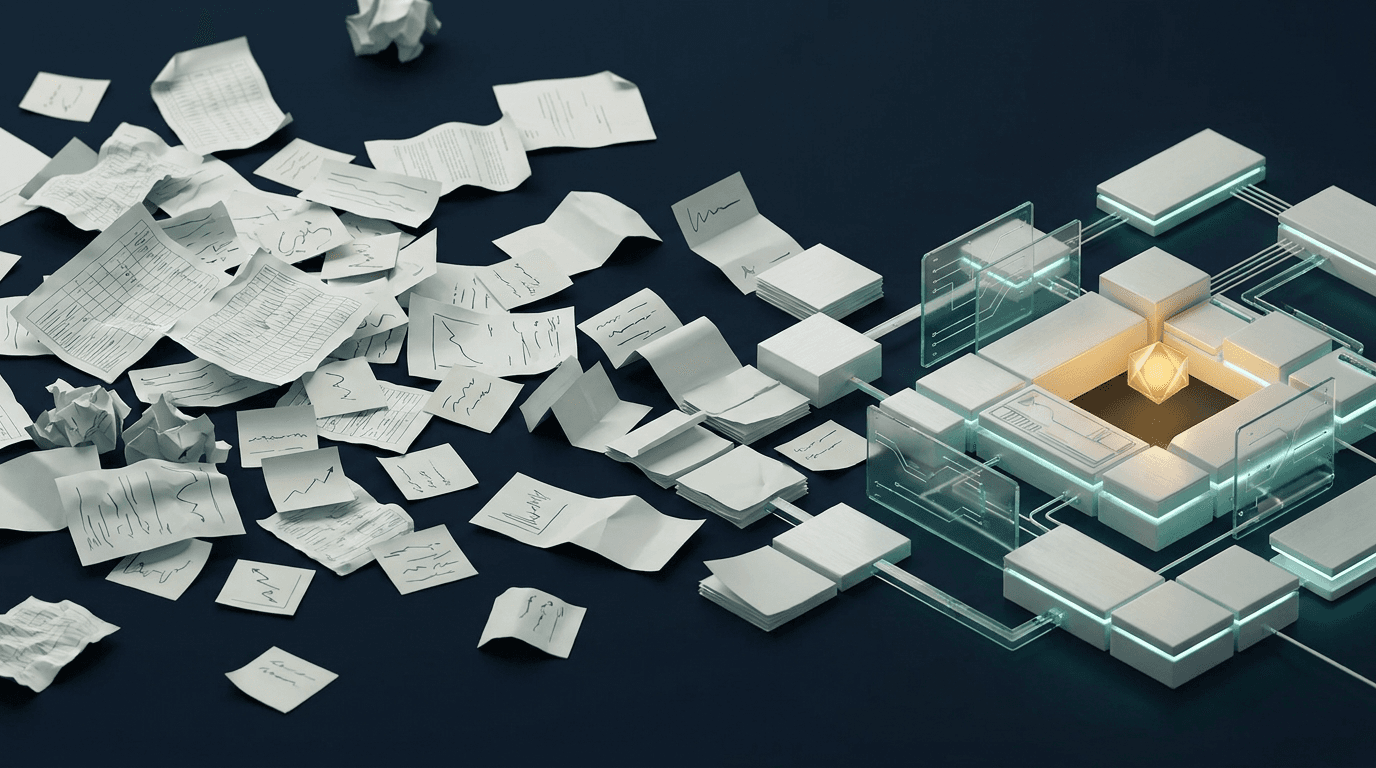 Illustration: scattered paper spreadsheets transforming into an ordered, connected software system